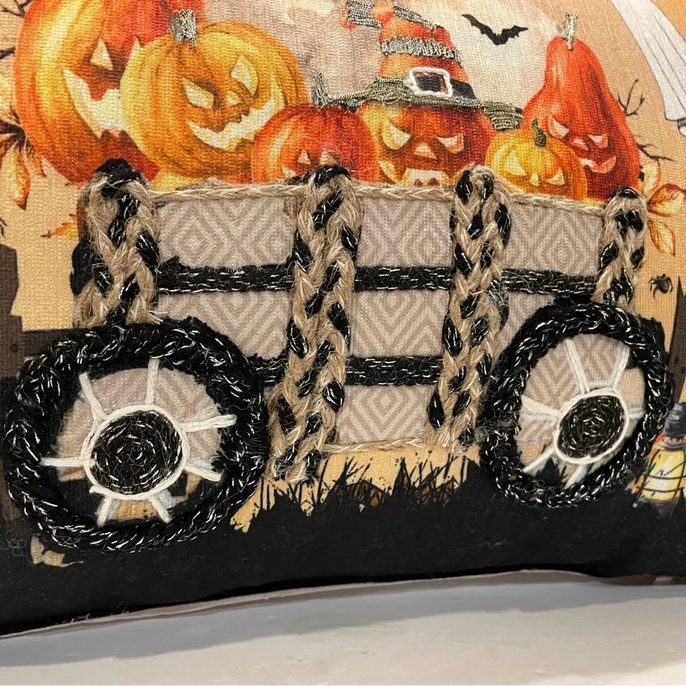 Halloween Decorative Scenic Pillow 14”x20” Bat Pumpkin Ghost Wagon NWT